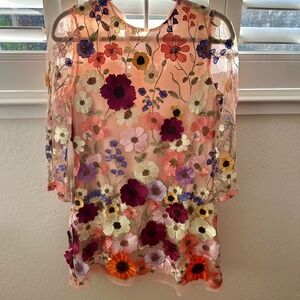 STORIA Flower Appliqué Sheer Sleeve Mini Dress Pink - size small